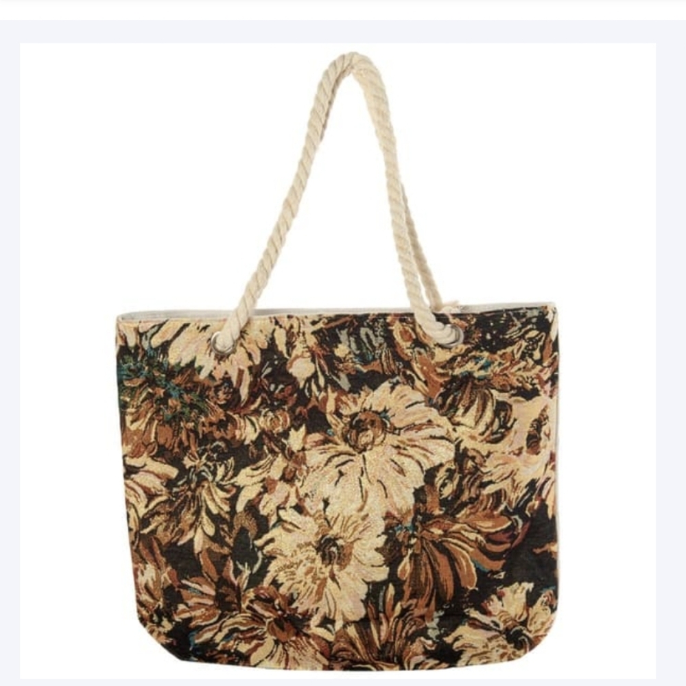Embroidered Floral Shimmer Design Zip Top Tote W/ Rope Handles NWT
